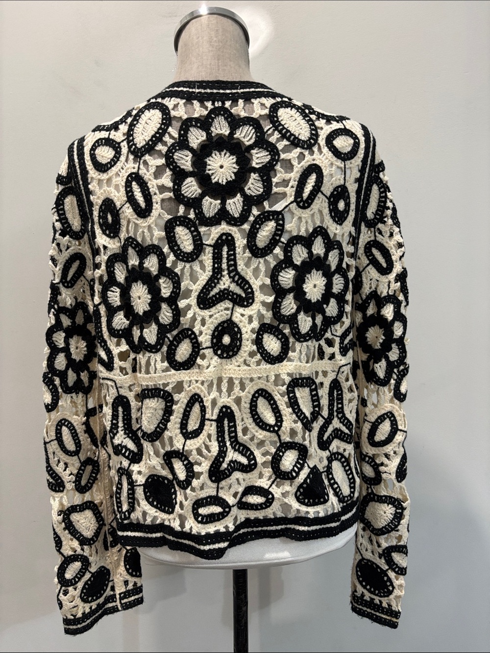 Crochet Cardigan Black Cream Floral Boho Festival S/M Sweater - Picture 9 of 14